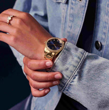 Load image into Gallery viewer, VALERIA - GOLD PLATED STAINLESS STEEL WITH DARK BLUE SUNRAY DIAL AND WHITE ZIRCONIA