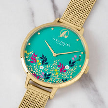 Load image into Gallery viewer, Sara Miller Green Floral Gold Mesh Watch

