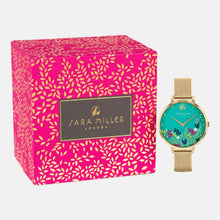 Load image into Gallery viewer, Sara Miller Green Floral Gold Mesh Watch
