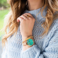 Load image into Gallery viewer, Sara Miller Green Floral Gold Mesh Watch