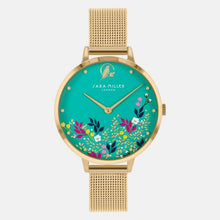 Load image into Gallery viewer, Sara Miller Green Floral Gold Mesh Watch
