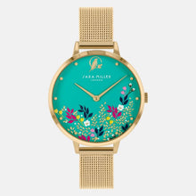 Load image into Gallery viewer, Sara Miller Green Floral Gold Mesh Watch