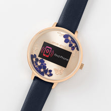 Load image into Gallery viewer, Series 03 collection has a unique dial with jewel-like sapphire blue flowers and a sparking metallic butterfly