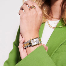 Load image into Gallery viewer, WATCH SANTINA - GOLD PLATED STAINLESS STEEL WITH SILVER SUNRAY DIAL AND WHITE ZIRCONIA.