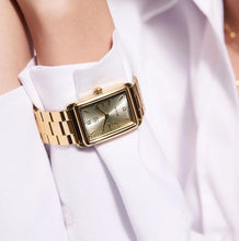 Load image into Gallery viewer, WATCH SANTINA - GOLD PLATED STAINLESS STEEL WITH GOLD SUNRAY DIAL AND WHITE ZIRCONIA.