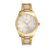 Load image into Gallery viewer, WATCH JOELLE - GOLD PLATED STAINLESS STEEL WITH GOLD SUNRAY DIAL AND WHITE ZIRCONIA.
