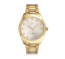Load image into Gallery viewer, WATCH JOELLE - GOLD PLATED STAINLESS STEEL WITH GOLD SUNRAY DIAL AND WHITE ZIRCONIA.