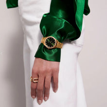Load image into Gallery viewer, WATCH VALERIA - GOLD PLATED STAINLESS STEEL WITH GREEN SUNRAY DIAL AND WHITE ZIRCONIA.