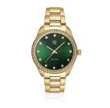 Load image into Gallery viewer, WATCH VALERIA - GOLD PLATED STAINLESS STEEL WITH GREEN SUNRAY DIAL AND WHITE ZIRCONIA.