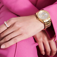 Load image into Gallery viewer, WATCH ELECTRA - GOLD PLATED STAINLESS STEEL WITH SILVER SUNRAY DIAL AND WHITE ZIRCONIA.