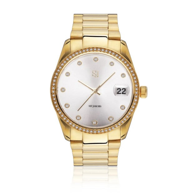 WATCH ELECTRA - GOLD PLATED STAINLESS STEEL WITH SILVER SUNRAY DIAL AND WHITE ZIRCONIA.