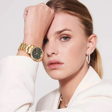 Load image into Gallery viewer, WATCH AURORA - GOLD PLATED STAINLESS STEEL WITH SILVER GREEN DIAL AND WHITE ZIRCONIA.