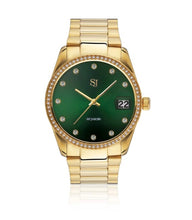 Load image into Gallery viewer, WATCH AURORA - GOLD PLATED STAINLESS STEEL WITH SILVER GREEN DIAL AND WHITE ZIRCONIA.

