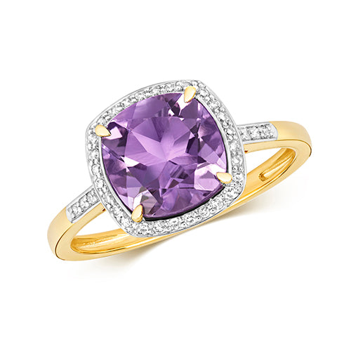 9ct Yellow Gold set with Cusion Amethyst Stone