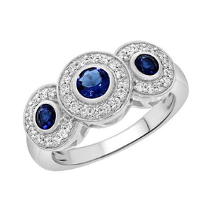 9ct White Gold 3 Vintage Cluster Diamond and Sapphire Ring