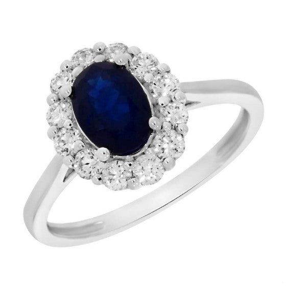 9ct White Gold Oval Sapphire with diamonds, Ring