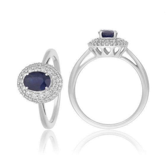 9ct White Gold Sapphire and Diamond Dome Ring