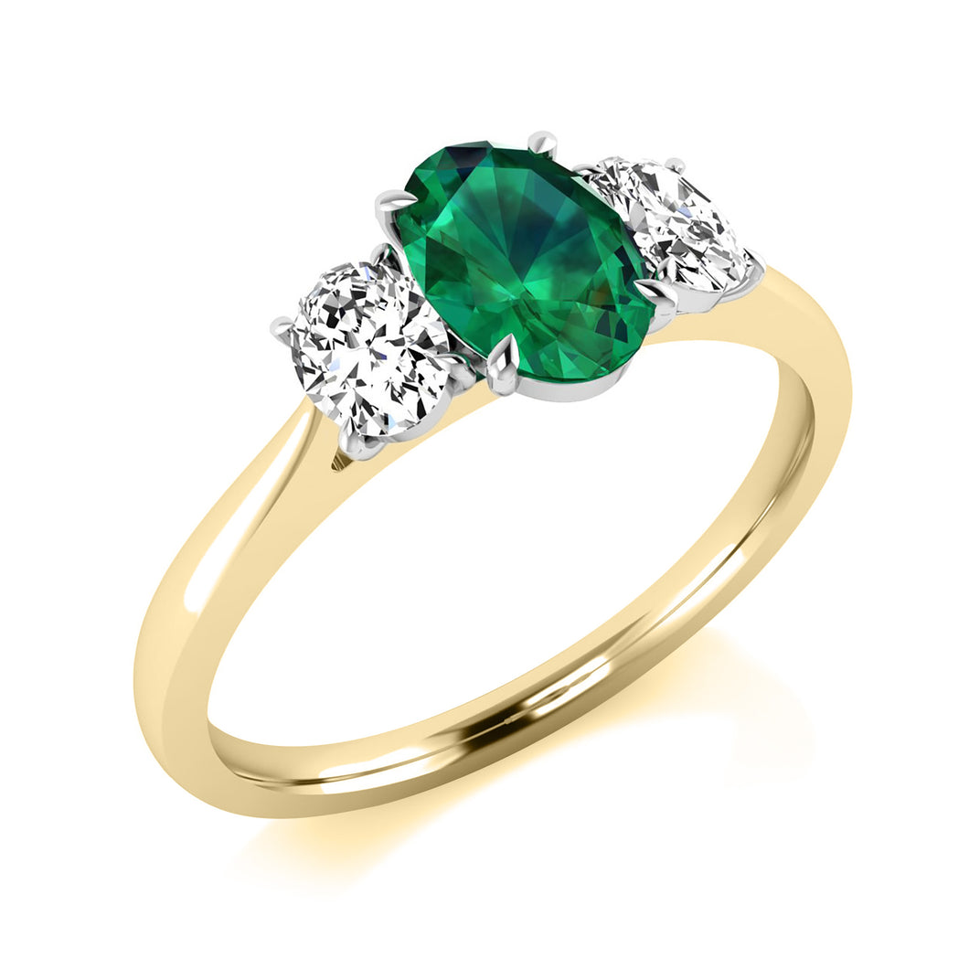 9ct Yellow Gold dress ring set with Oval Emerald and Diamonds