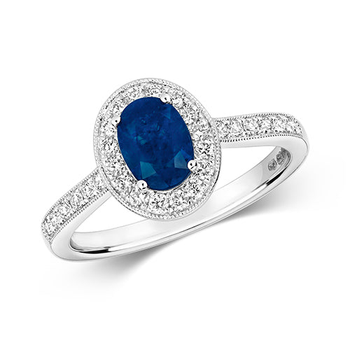9ct White Gold ring set with Oval Sapphire plus Diamonds