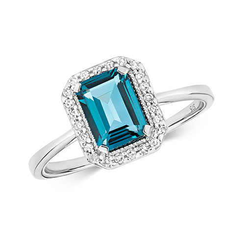9ct White Gold ring set with London Blue Topaz plus Diamonds