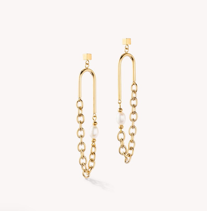 Boho earrings freshwater pearls gold & white