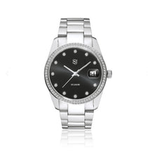 Load image into Gallery viewer, AURORA - STAINLESS STEEL WITH BLACK SUNRAY DIAL AND WHITE ZIRCONIA.
