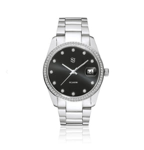 AURORA - STAINLESS STEEL WITH BLACK SUNRAY DIAL AND WHITE ZIRCONIA.