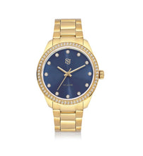 Load image into Gallery viewer, VALERIA - GOLD PLATED STAINLESS STEEL WITH DARK BLUE SUNRAY DIAL AND WHITE ZIRCONIA
