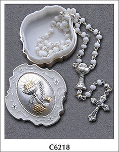 Communion White Glass Rosary Beads with Metal box