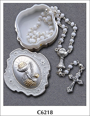 Communion White Glass Rosary Beads with Metal box
