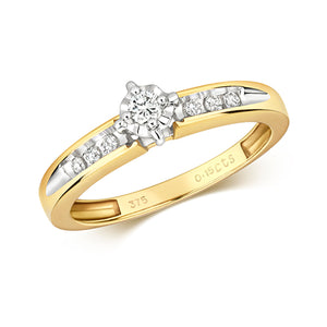 9CT Yellow Gold Solitaire Diamond Ring.