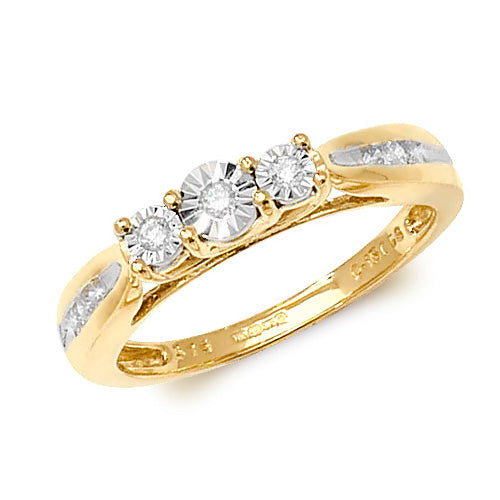 9CT Yellow Gold Diamond 3 Stone Ring.