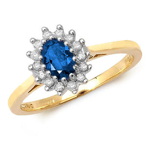 9K Yellow Gold Diamond Cluster set with a 6x4 Oval Sapphire stone, Ring