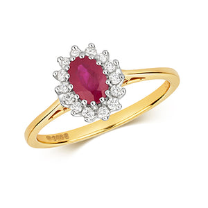 9ct Yellow/White Gold Diamond Cluster and Ruby set Dress Ring.