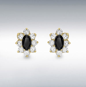 9CT YELLOW GOLD OVAL BLACK SAPPHIRE AND CZ 7MM X 9MM STUD EARRINGS