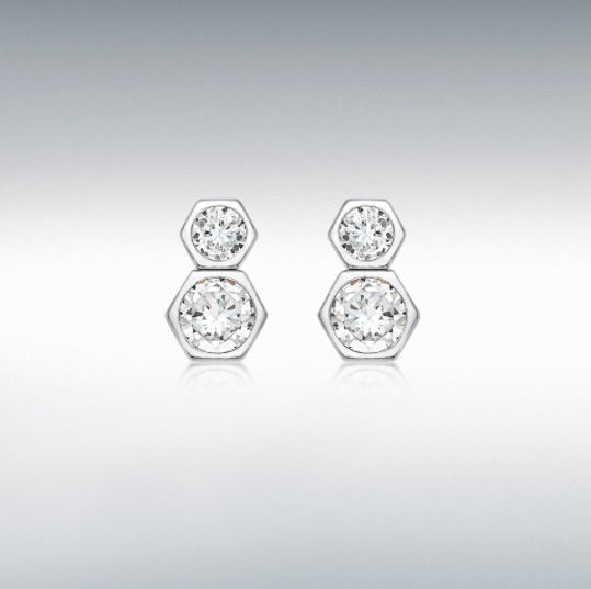 9CT WHITE GOLD CZ 5MM X 8MM DOUBLE-HEXAGON STUD EARRINGS