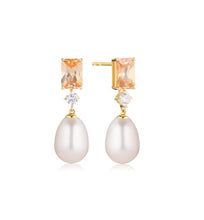 Load image into Gallery viewer, EARRINGS GALATINA - 18K GOLD PLATED, WITH FRESHWATER PEARL AND CHAMPAGNE ZIRCONIA
