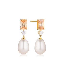 EARRINGS GALATINA - 18K GOLD PLATED, WITH FRESHWATER PEARL AND CHAMPAGNE ZIRCONIA