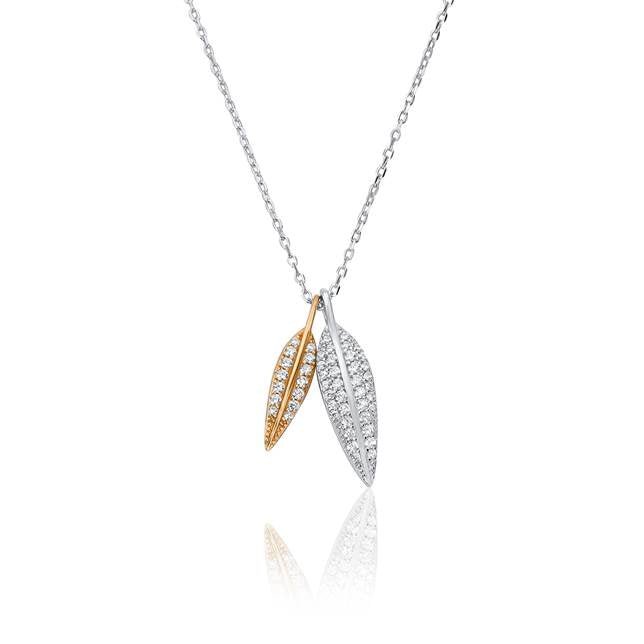 Waterford Crystal Silver and Rose Gold Double Leaf Pendant.