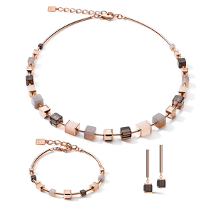 Necklace GeoCUBE® big Gemstones, Swarovski® Crystals & stainless steel rose gold brown