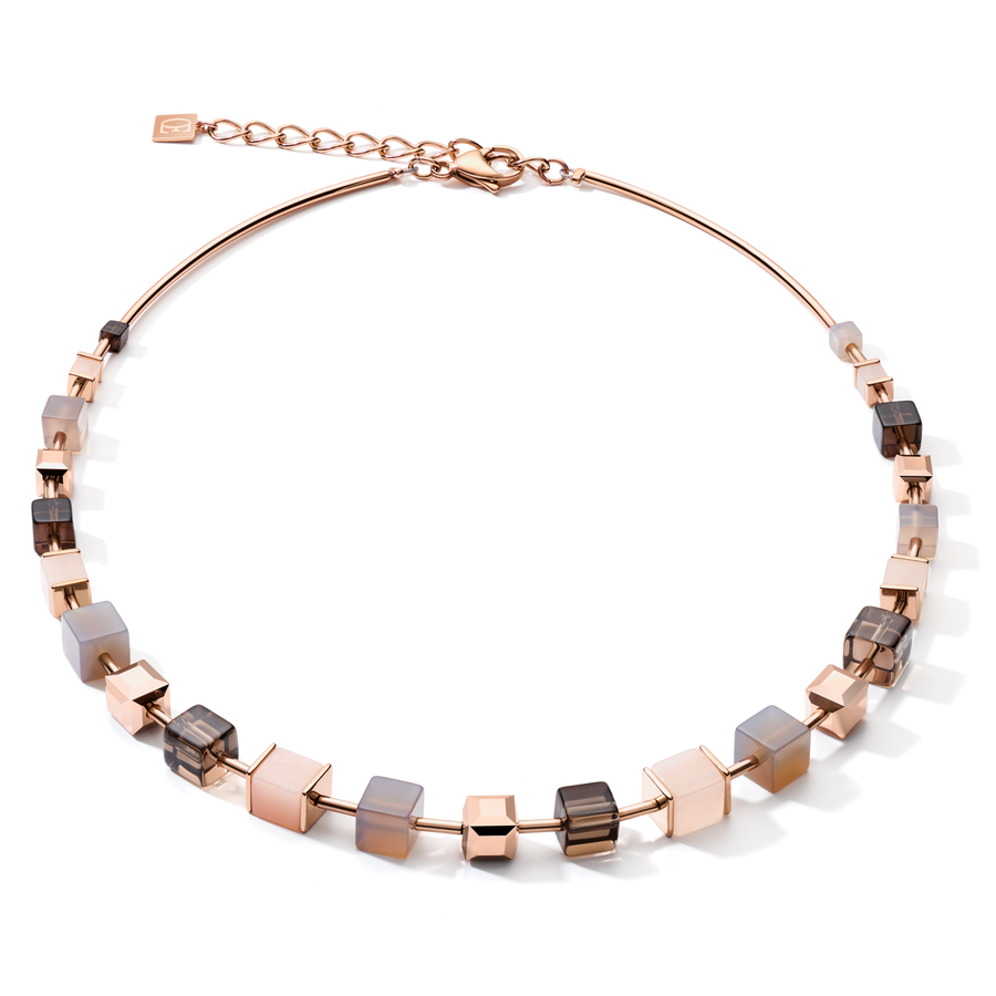 Necklace GeoCUBE® big Gemstones, Swarovski® Crystals & stainless steel rose gold brown