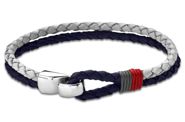 Lotus Style Man's Navy/White Leather and Stainless Steel Bracelet