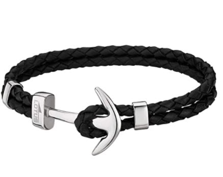 Lotus Style Man's Double Black Leather Band and Stainless Steel Hook Clasp Bracelet