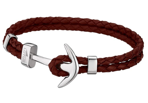 Lotus Style Man's Double Brown Leather Band and Stainless Steel Hook Clasp Bracelet