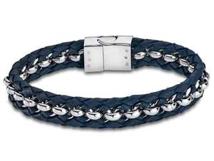 Lotus Style Man's Navy Leather and Stainless Steel Bracelet