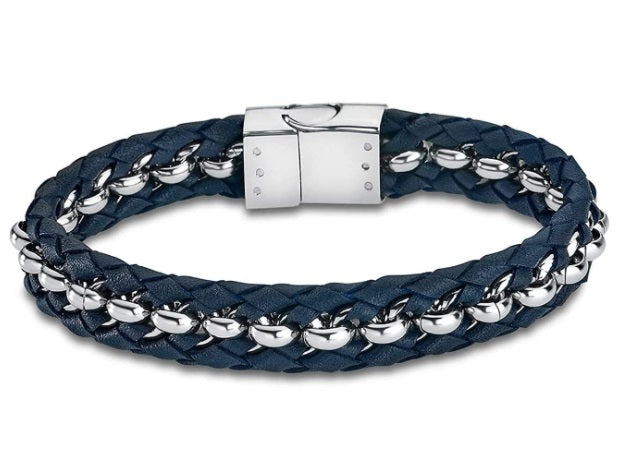 Lotus Style Man's Navy Leather and Stainless Steel Bracelet