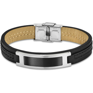 Lotus Style Man's Black Leather and Stainless Steel Bracelet