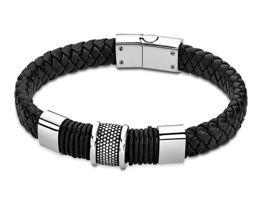 Lotus Style Man's Black Wide Leather Band and Stainless Steel Magnetic Clasp Bracelet