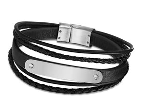 Lotus Style Man's Black 5 Leather Bands and Stainless Steel Magnetic Clasp Bracelet