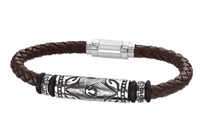 Lotus Style Man's Brown Leather Band and Stainless Steel Magnetic Clasp Bracelet